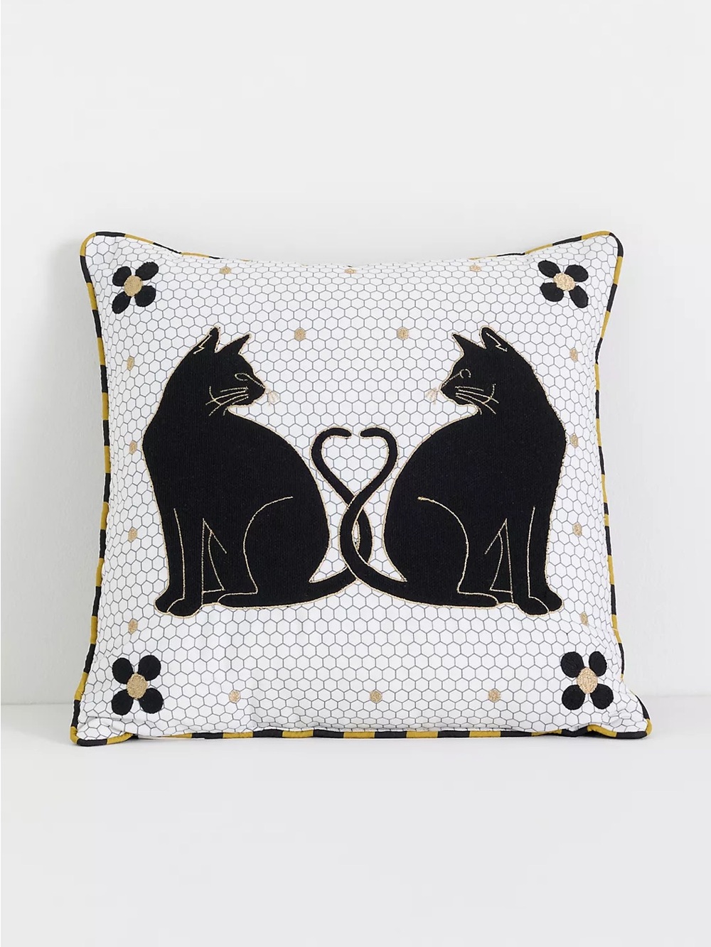 Anthropologie Agatha Embroidered Black Cat Heart Tail Throw Pillow Halloween
